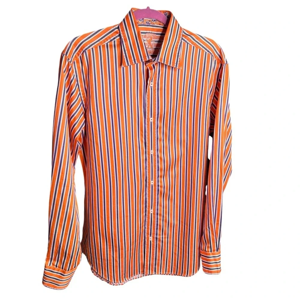 Bugatchi Orange Purple Striped Long Sleeve Button-Up Dress Shirt Sz M Modern Fit - Picture 8 of 15